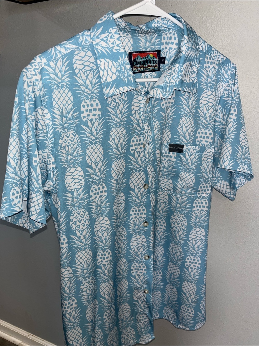 BURLEBO Light Blue Short-Sleeve Pineapple Print Camp Shirt